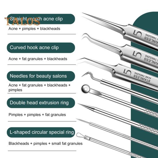 Набор из 8 инструментов для удаления черных точек с ящиком для хранения, нержавеющая сталь, двойной наконечник, экстрактор для удаления комедонов, акне, носа, лица, косметический инструмент
