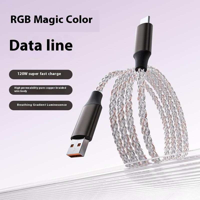 100W Super Fast Charging Gradual Change Luminous RGB Colorful Single Wire Data Cable