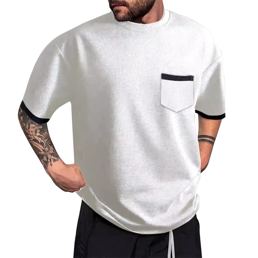 Men's Summer Colorblock Round Neck Loose Pocket Short Sleeve Top