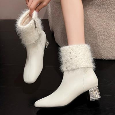 Женские зимние ботинки с мехом и кристаллами, роскошные, с квадратным носком, модные, вязаные, плюшевые, массивные, зимние, модные, элегантные, женские ботинки
