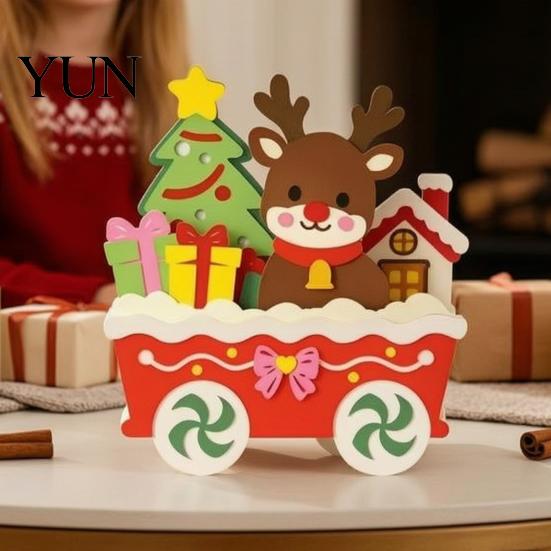 Decorative Wood Panels Christmas Wooden Cart Tabletop Decorations, Xmas Figurine Ornament with Snowman Ready to Use Decor Elk Penguin, Festive