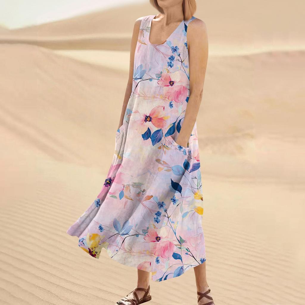 Женское летнее повседневное модное платье без рукавов с круглым вырезом и карманом с цветочным принтом