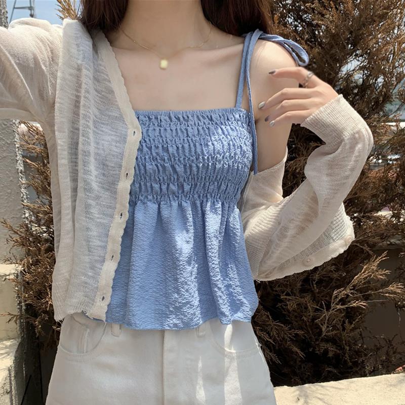 Повседневная майка в стиле ретро для женщин, однотонная свободная посадка, дизайн топа без рукавов, плиссированная универсальная летняя майка на бретелях