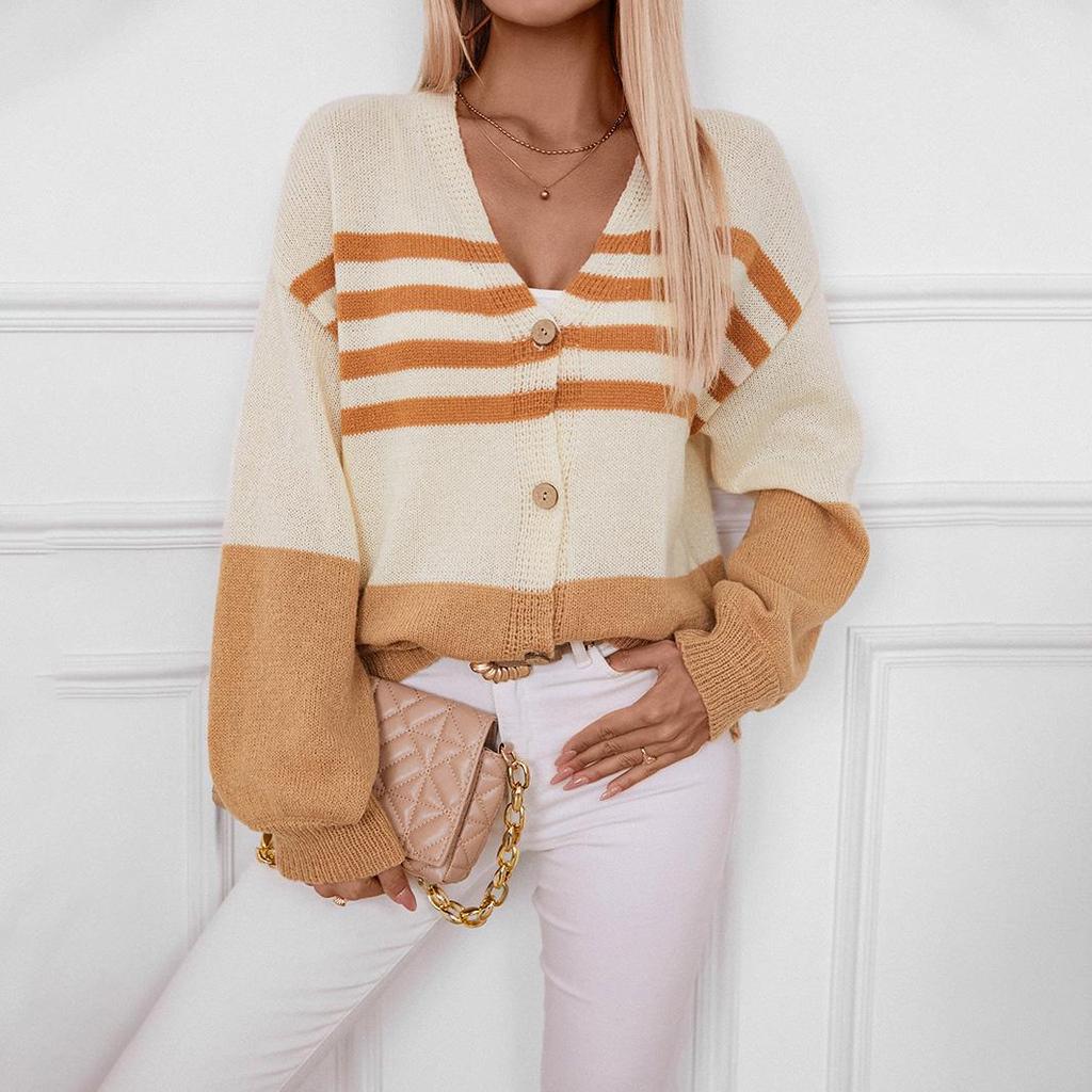 Autumn Winter Vintage Loose Long Sleeve Top Stripe Cardigan Knitwear V-Neck Sweater