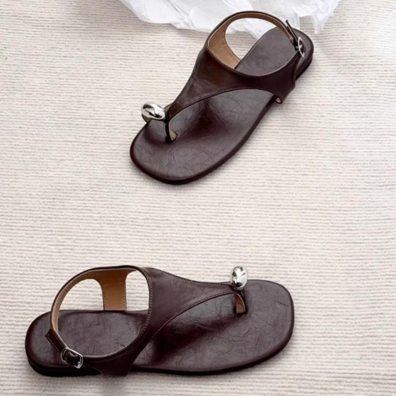 Summer Leather Women's Shoes Roman New Retro Vintage Metal Buckle Toe Herringbone Sandals Vacation Beach Elegant Women Sandals