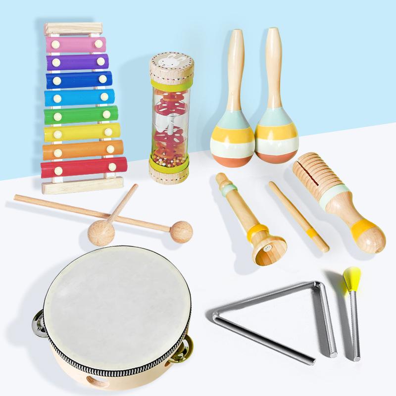 Детские музыкальные инструменты Орфа: Треугольник, Кастаньеты, Маракасы, Бубен, Деревянные бруски, Тарелки
