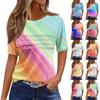 Women's Pleated Round Neck Gradient Print Short Sleeve T-shirt Hem Slit Top