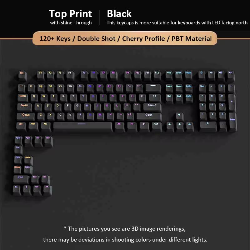 126 Keys Black Custom Double Shot Shine Through Keycaps RGB Backlit PBT Keycaps Cherry Profile for MX Switches Gaming Keyboard
