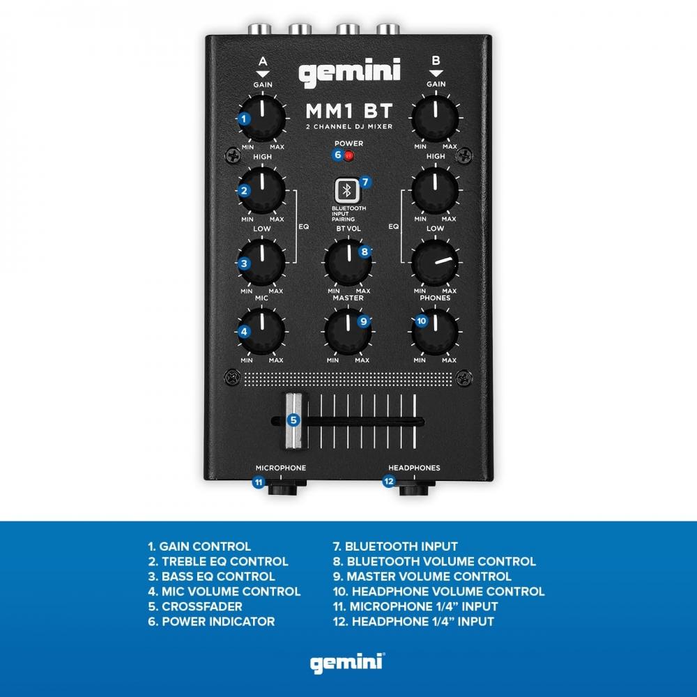 GEMINI DJ Mixer Portable 2ch Stereo Mixer MM1BT with Bluetooth Connection Function