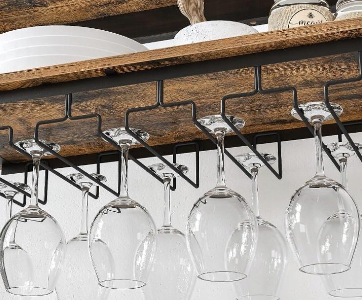 Shelf rack for wine and glasses. Wooden loft wine cabinet.