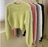 Женский осенне-зимний пуловер с длинным рукавом и круглым вырезом, однотонный вязаный плюшевый свитер-топ