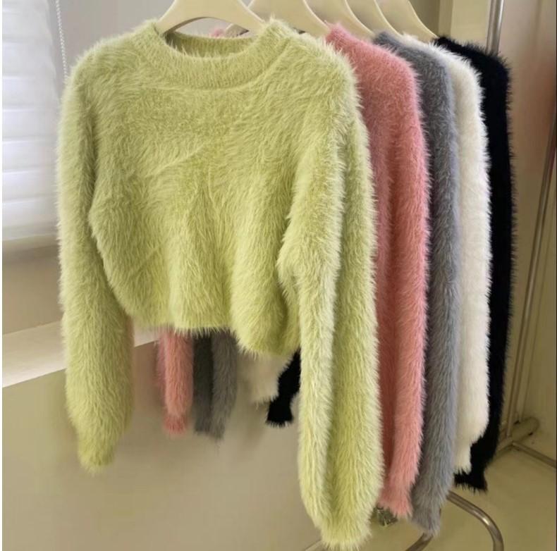 Женский осенне-зимний пуловер с длинным рукавом и круглым вырезом, однотонный вязаный плюшевый свитер-топ