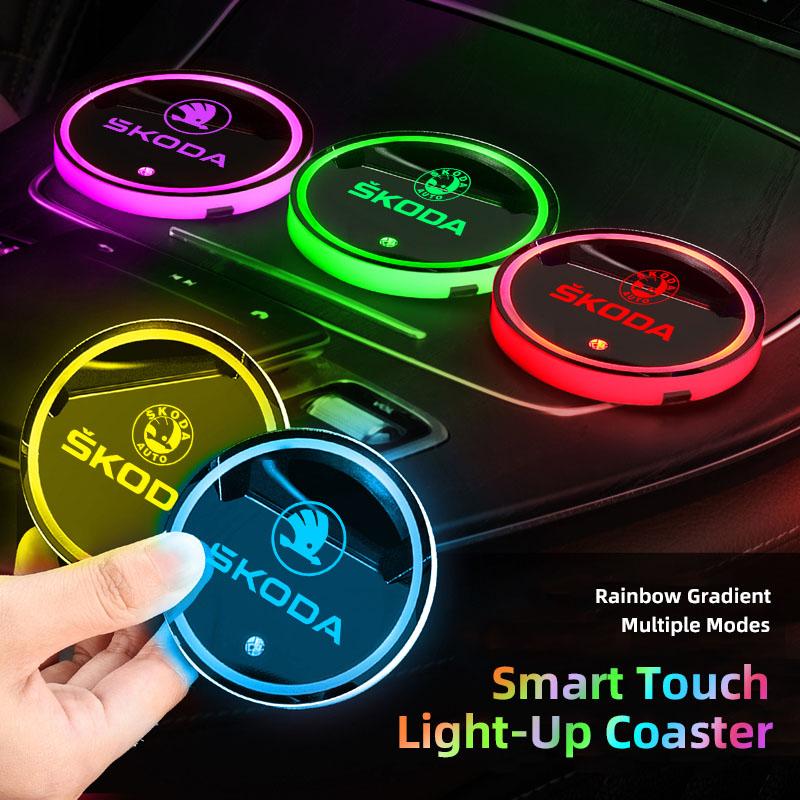 ADU1 Car Coaster Pad Colorful Led Atmosphere Light Water Cup Mat Tire Valve Cap For Skoda Kylaq Elroq Octavia Scala Rapid Superb Yeti