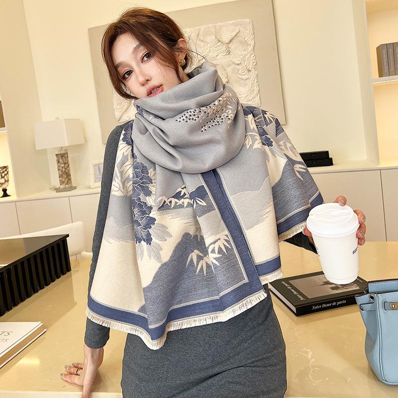 Korean Printed New Fashionable Imitation Cashmere Scarf, Student Dual-purpose Air-conditioned Shawl, Thickened Double-sided Scarf