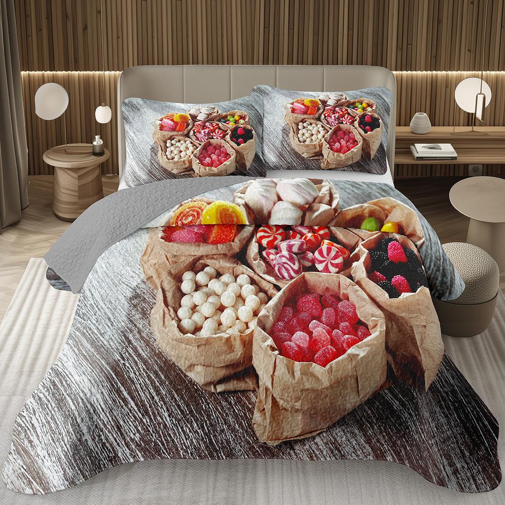 Сладкий Конфетный Комплект Квилтов для Девочек Мальчиков Подростков, Комплект Покрывал на Кровать на Тему Леденцов Кинг Десертное Стеганое Покрывало Мультяшный Стиль Покрывало на Кровать
