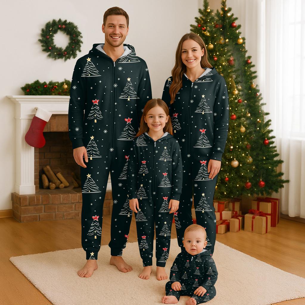 Christmas Print Family Matching Hooded Long Sleeved Zippered Jumpsuit Set