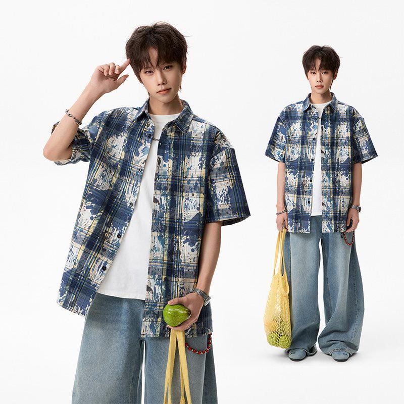 Мужская летняя рубашка с коротким рукавом в стиле тай-дай и color block - Свободный повседневный топ в гонконгском стиле