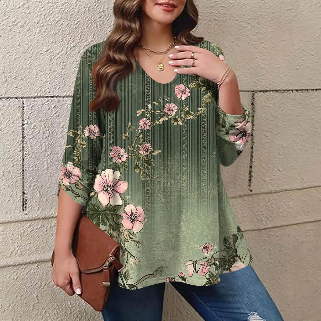 Women's Plus Size Fashion Printed Casual Pleated Round Neck Long Sleeve Top