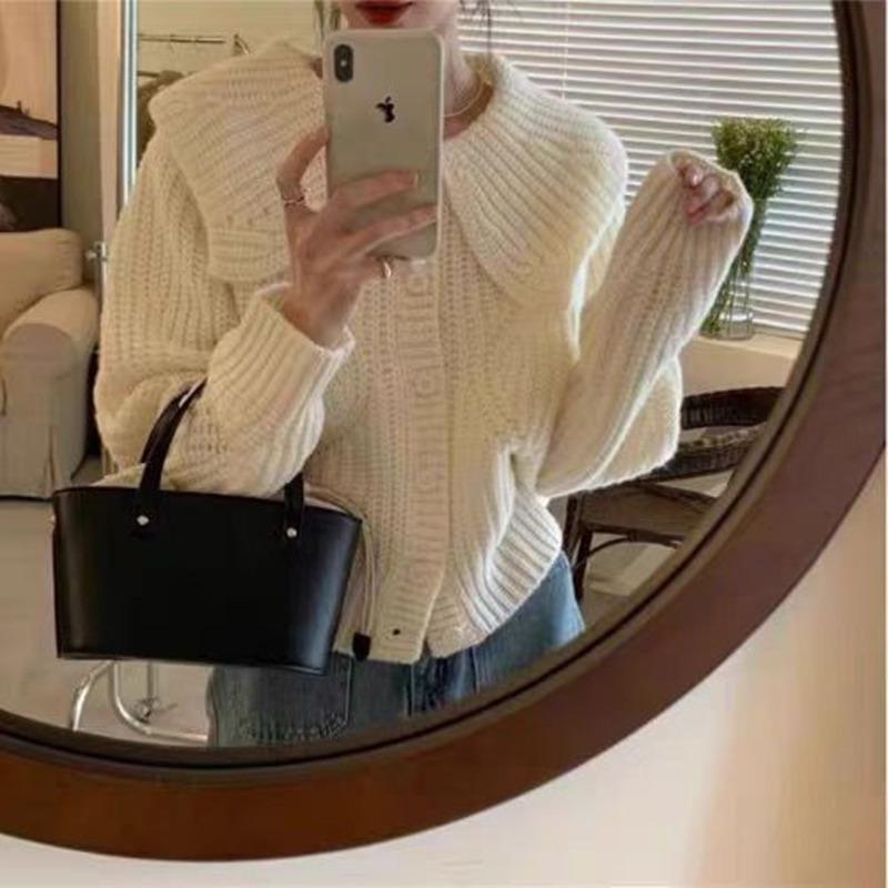 Fashion Elegant Doll Collar Knitted Cardigan Women Sweater Autumn/winter Casual Lapel Loose Coats Long Sleeved Jacket Sweet Simple Solid Top