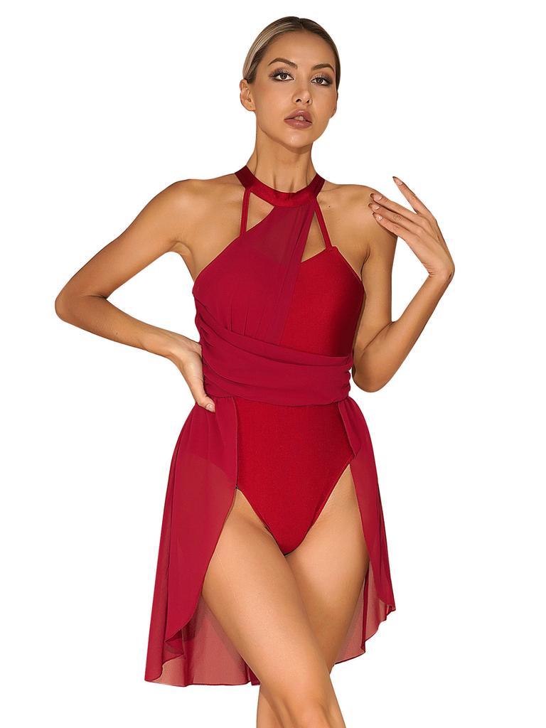 Женский шифоновый танцевальный костюм для гимнастики, лирическое танцевальное платье, современный костюм, шифоновая танцевальная одежда с лямкой на шее