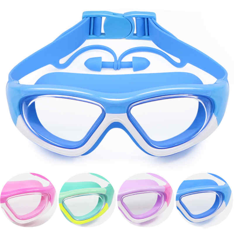 Kids Swimming Goggles Children 3-14Y Wide Vision Anti-Fog Anti-UV Pool Glasses With Ear Plugs Outdoor Sports Diving Eyewear