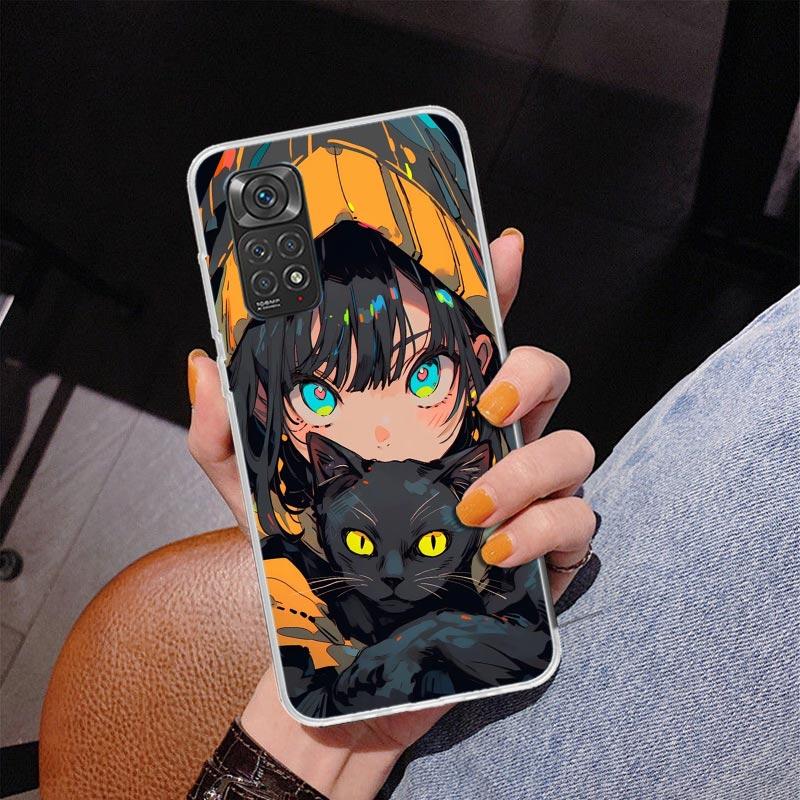 Милый черный кот в стиле аниме Чехол для телефона Для Xiaomi Redmi Note 15 14 13 12S 12 11 Pro Plus 14S 11S 11E 10 10S 11T 5G Персонализированный C