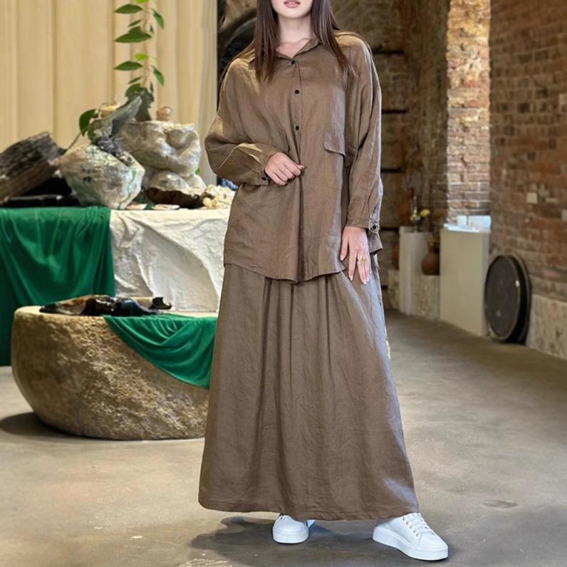 Новый стиль Весна-Осень Женский Ретро Большого размера Лацкан Длинный рукав Рубашка и Юбка Повседневный Комплект из двух предметов