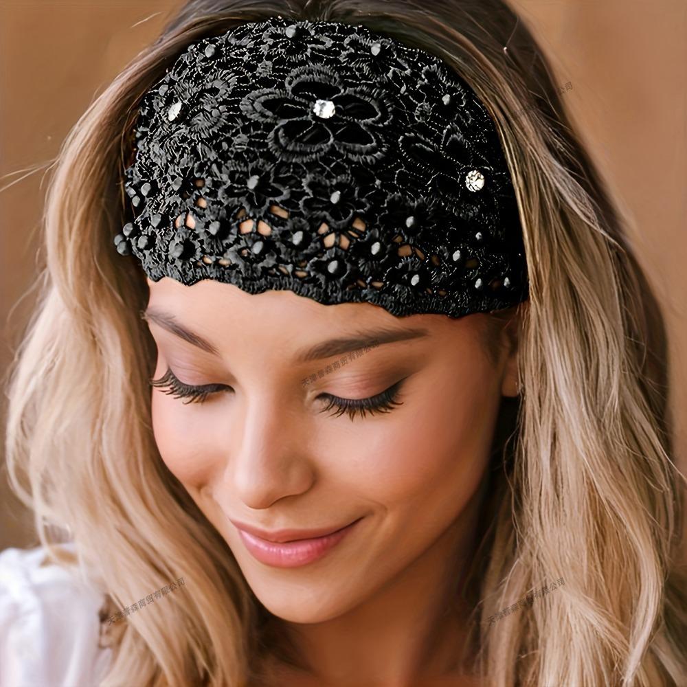 Floral Lace Headband with Crystal Bead Wide Elastic Breathable Hair Band for Women Fashion Hair Accessories Casual Party Wedding