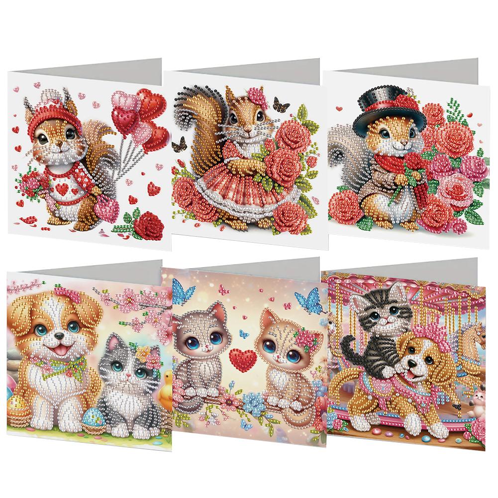 6Pcs Valentines Day Animals DIY Diamond Painting Card Rhinestone Painting Card Kit Diamond Drawing Card for Holiday Party Favors