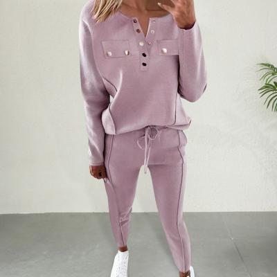 2 шт./комплект женский топ брюки костюм круглый вырез длинный рукав однотонная блузка эластичный пояс тонкий