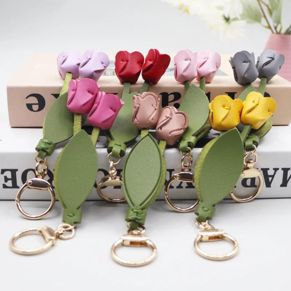 PU Leather Tulip Bag Pendant Sweet Car Key Chains Elegant Fresh Backpack Decoration Girl