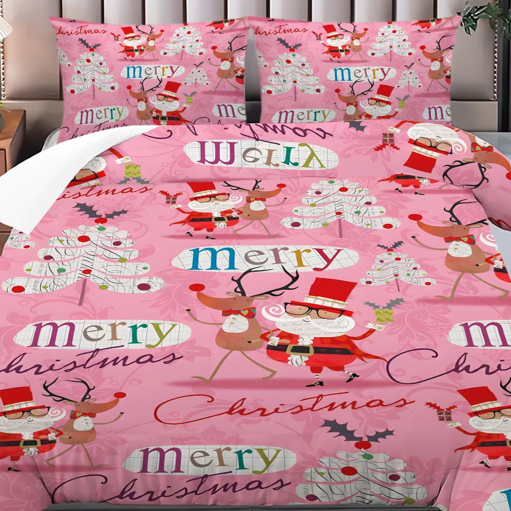 Merry Christmas 3pcs Bedding Set - Soft Polyester Duvet Cover & Pillowcases, Multicolor Print, Perfect for All Seasons - Ideal