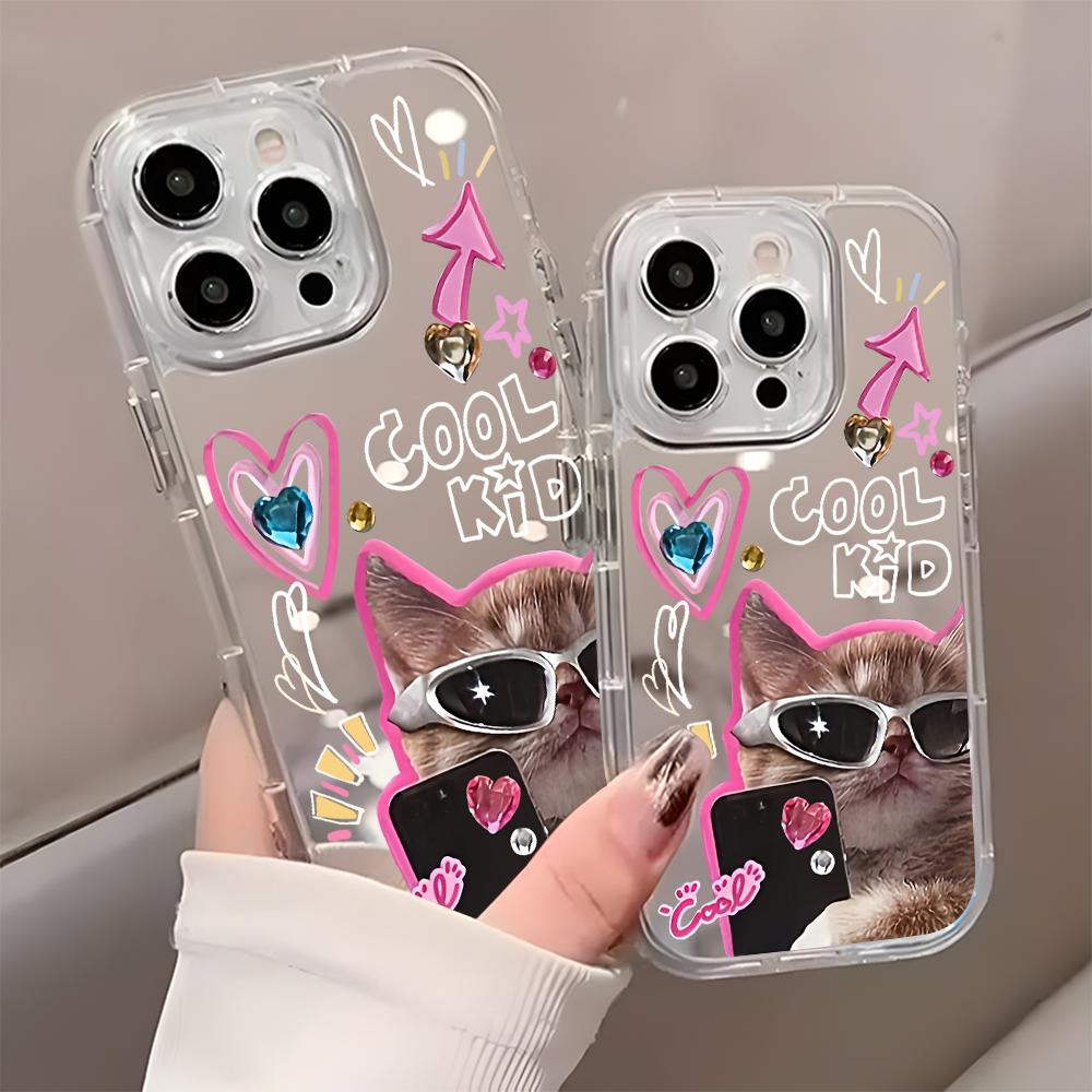 Стильный чехол с рисунком кота, мягкий, для iPhone 11 12 13 14 15 16 17 Pro Max 17 Air X XR XS 7 8 Plus, с зеркальной задней стороной, противоударный