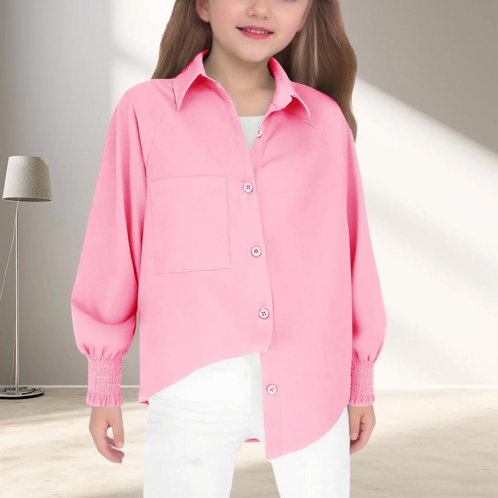 Детская мода Цвет Свободный крой Для девочек Удобная рубашка с длинным рукавом Топ Для детей постарше