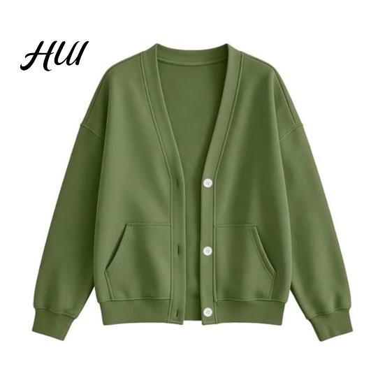 V Neck Cardigan Women Button Front V-Neck Cardigan, Solid Color Oversized Sweatshirt with Fall Winter Top Dual Pockets, Long Sleeve Casual Jacket for