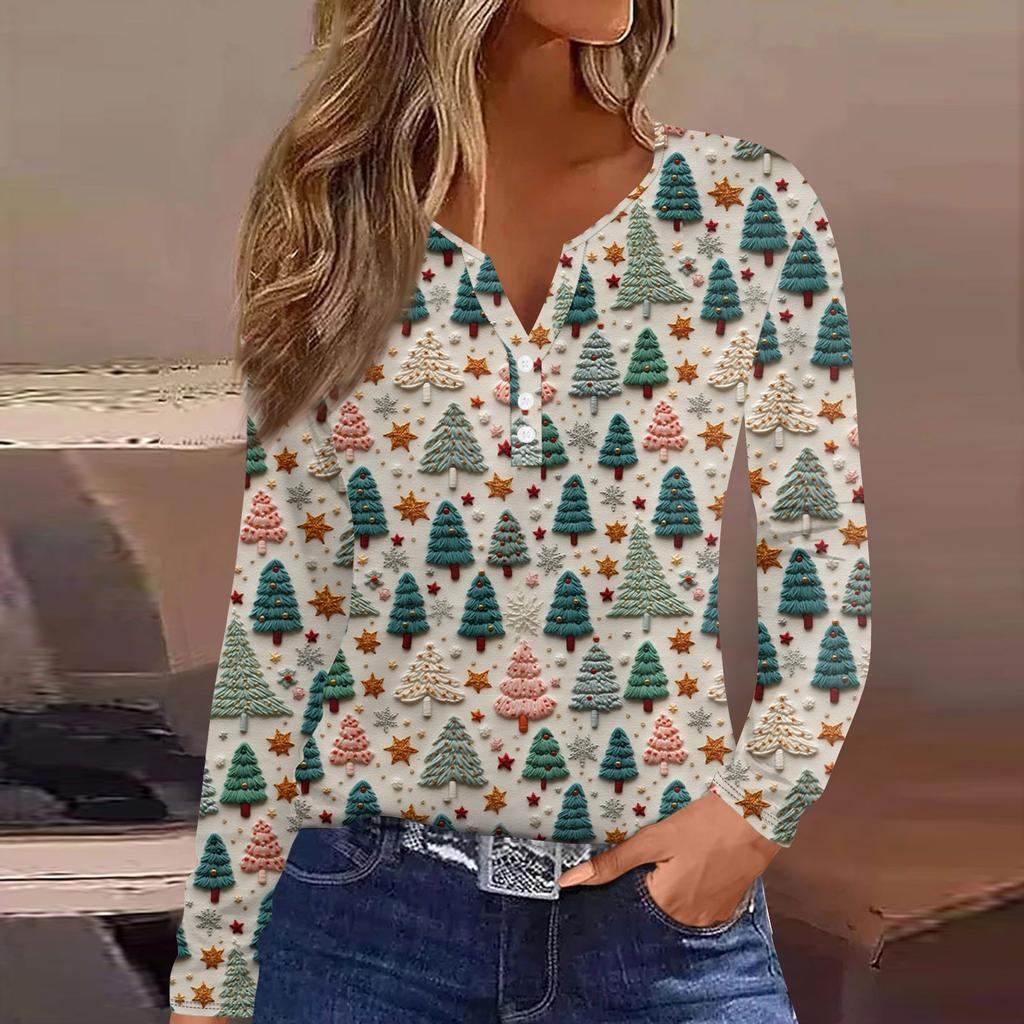 Женская модная повседневная футболка с длинным рукавом и V-образным вырезом на рождественском принте на пуговицах