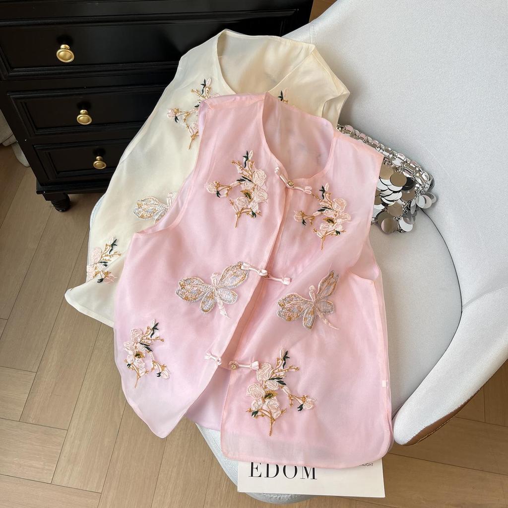 Butterfly Embroidered Pink Vest Vest Female Summer Chinese Embroidered Disc Buckle Vest Top Thin