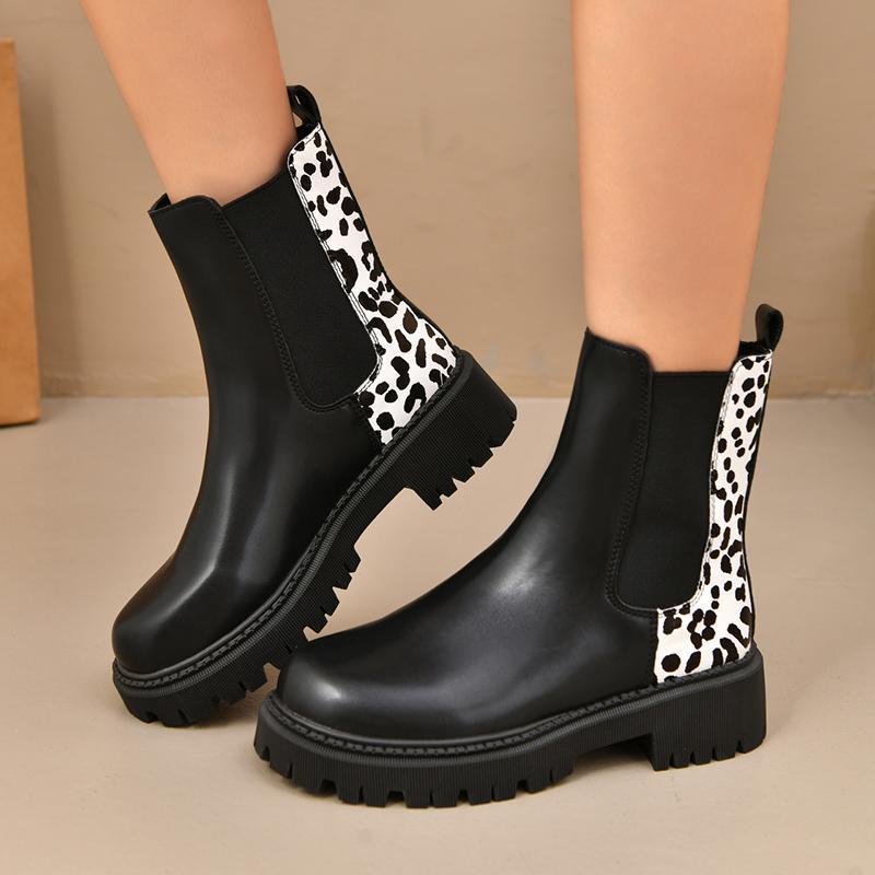 Мода Мода Леопардовый Принт Платформа Челси Ботинки Женские Слипоны Большой Размер Толстая Подошва Ботильоны Женские Искусственная Кожа Короткие Ботильоны Мухер