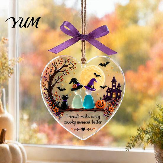 Heart Shaped Acrylic Hanging Ornaments Friendship Halloween Glass Ornament, Decor with Witch Tree Decorations for Home Cat Pumpkin, Colorful