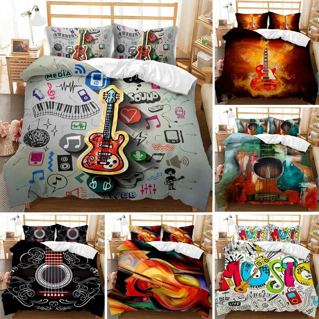 Top Guitar Duvet Cover Set Twin Rock Music Comforter Cover Set Hip Hop Hippie Quilt Cover Blue Guitar Polyester Bedding Set