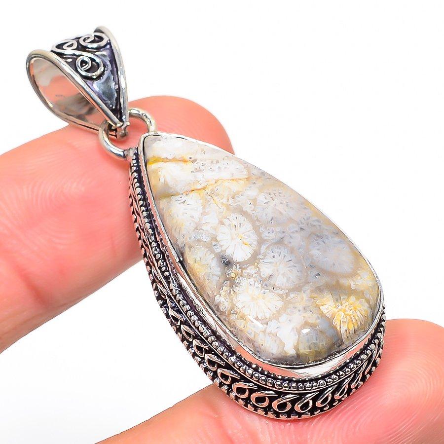 Natural Fossil Coral Gemstone Handmade 925 Sterling Silver Pendant 2.05" Q7J26
