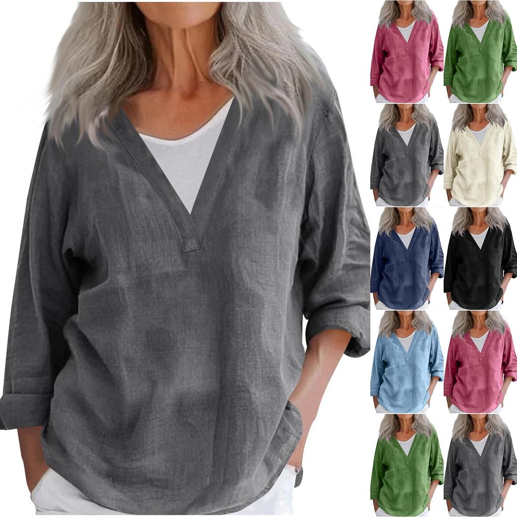 Женская мода повседневный хлопковый льняной пуловер с V-образным вырезом и длинными рукавами