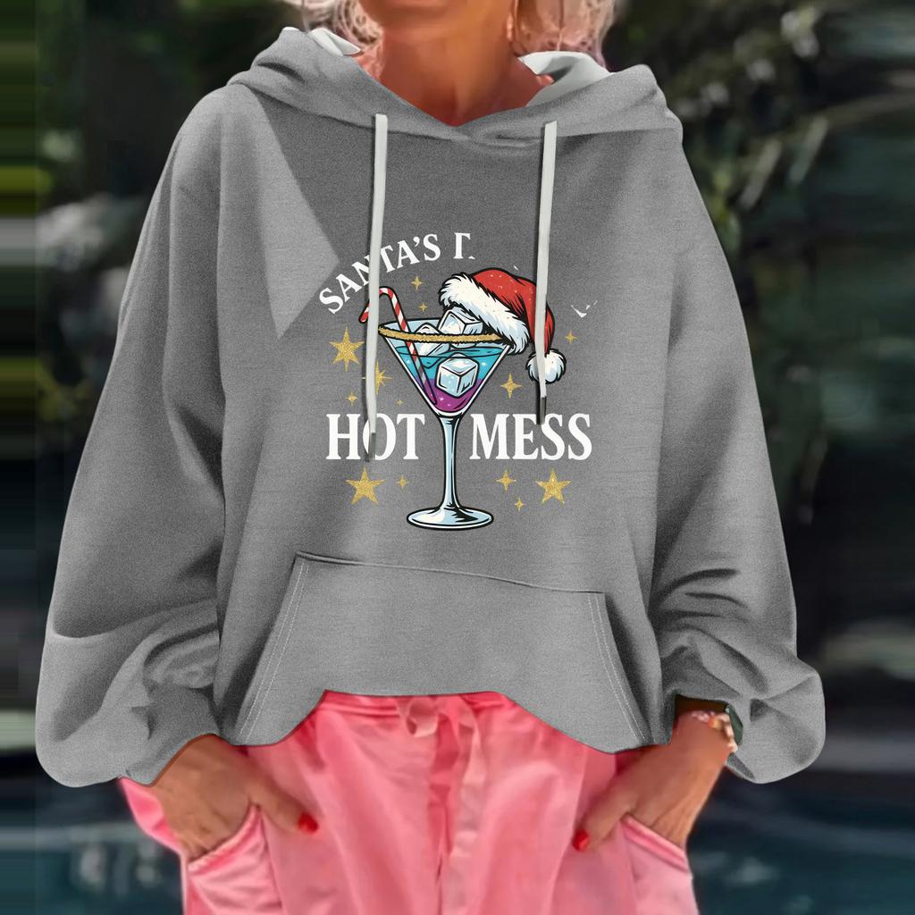 Women's Christmas Print Loose Casual Long Sleeve Hooded Sweatshirt