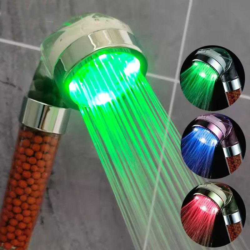 LED Temperature Control Colorful Negative Ion Filter Shower Head 3/7 Color Change One-Key Stop High Pressure Handheld Showerhead