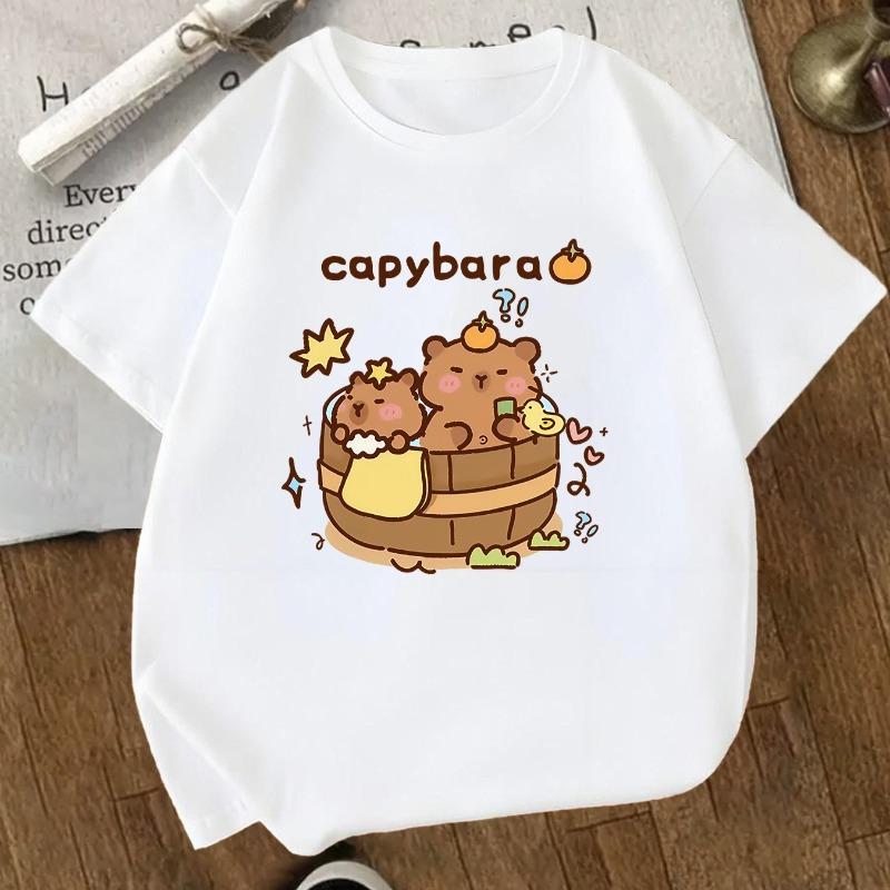 Kids Crewneck Short Sleeve Tee, Capybara Pufferfish Print Sports Casual Top for Kids
