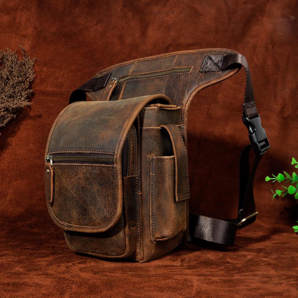 Genuine Leather Men Casual Messenger Shoulder Sling Bag Fashion Multifunction Drop Leg Bag Waist Pack