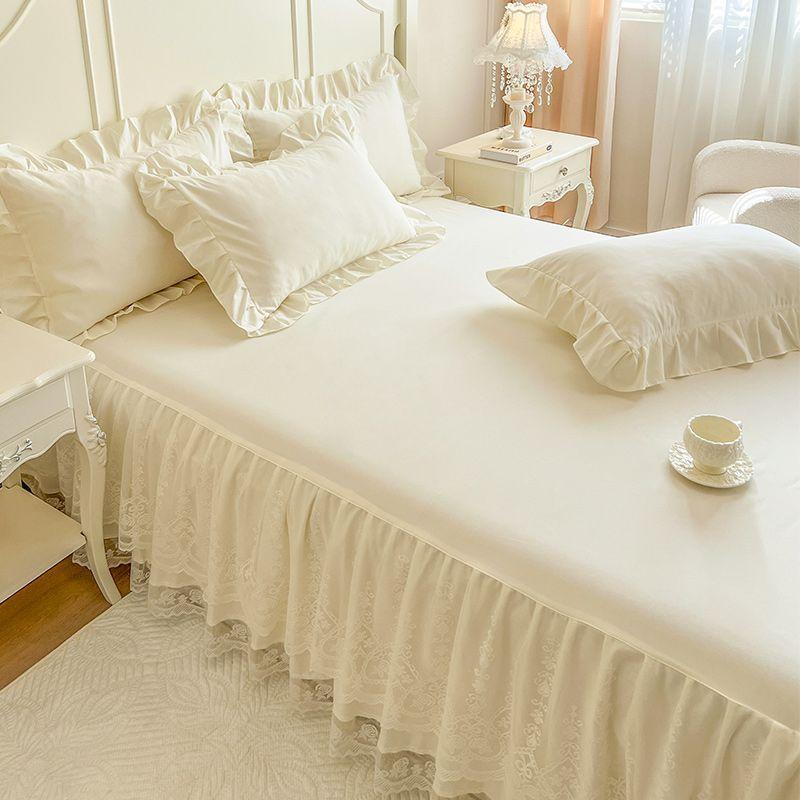 Комплект из 3 предметов однотонной двухслойной кружевной вышитой юбки для кровати с 1 шт. юбки для кровати + 2 шт. наволочек, легко снимаемый чехол-протектор для матраса