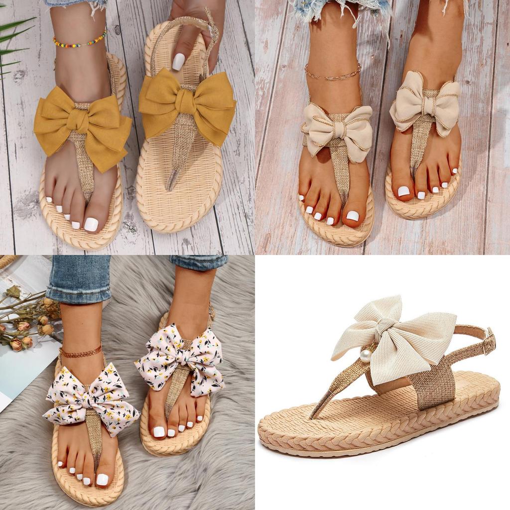 Летние женские сандалии с Т-образным ремешком из текстиля с бабочкой для улицы и дома