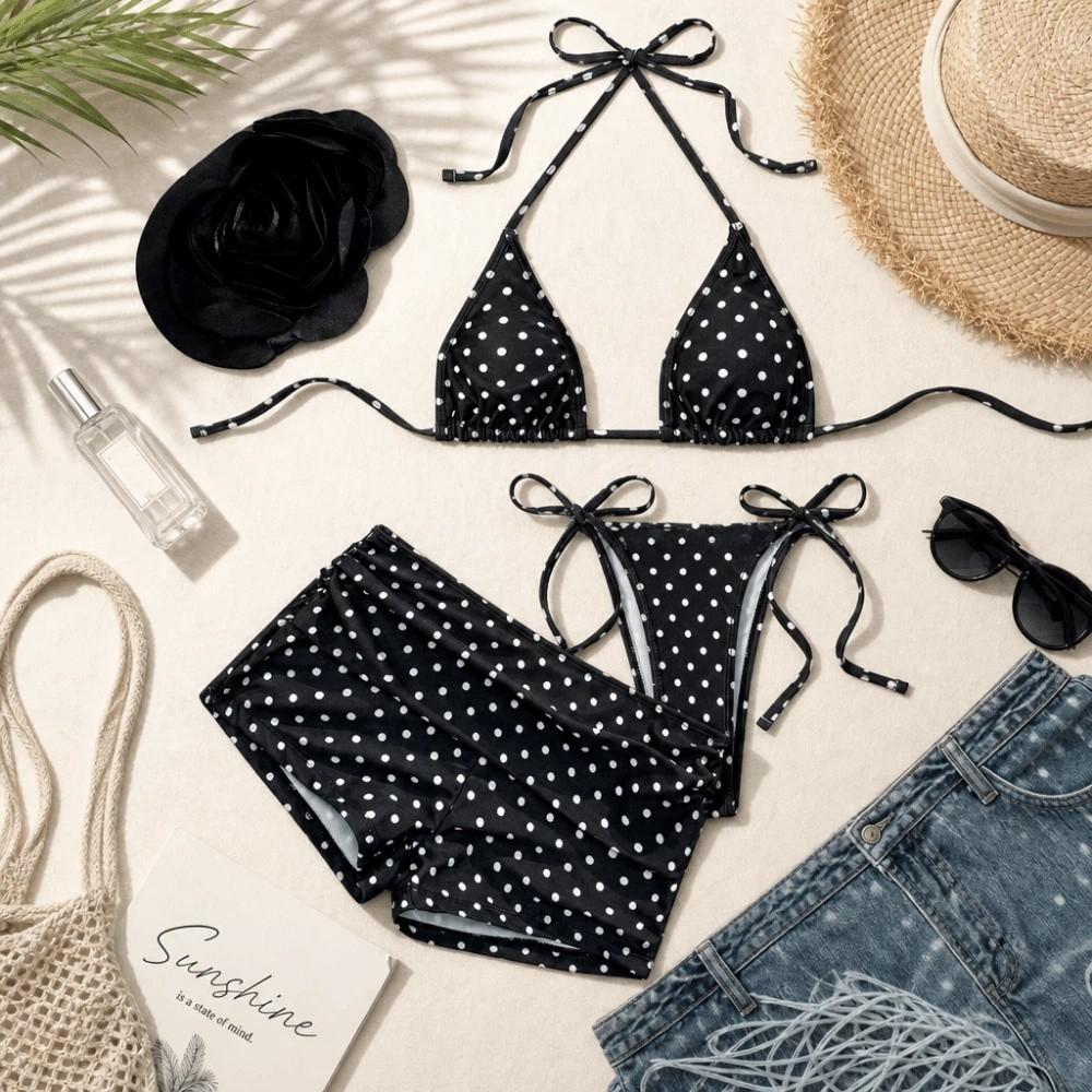 3pcs Halter 3-Piece Swimwear Dot Print Bikinis Set Beachwear Clothing Bathing Suits Summer Season