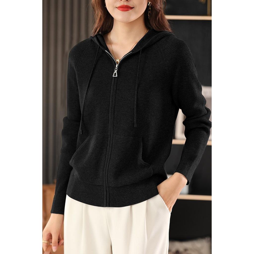 Женский осенне-зимний свитер с капюшоном, толстой вязки, на молнии, кардиган с карманами, базовая одежда